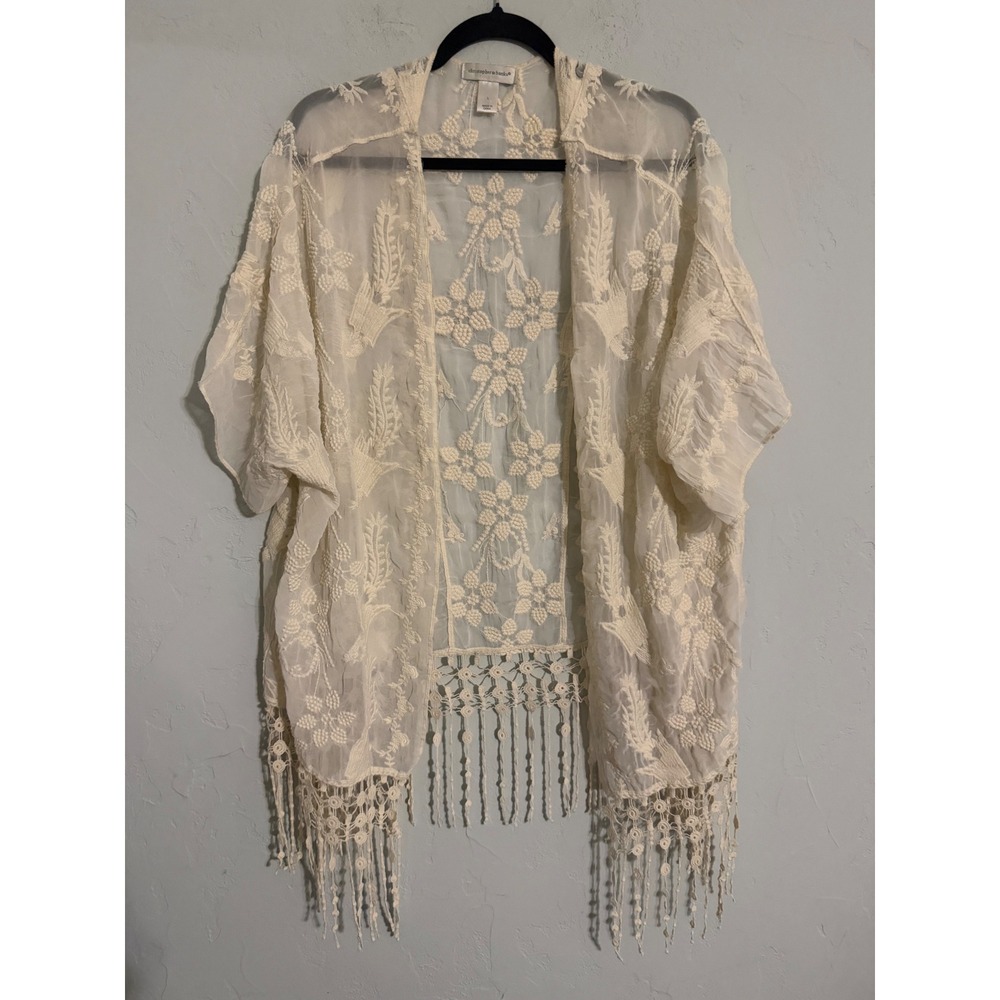 Christopher & Banks Ivory Floral‎ Embroidered Fringe Kimono Cardigan Sheer Large